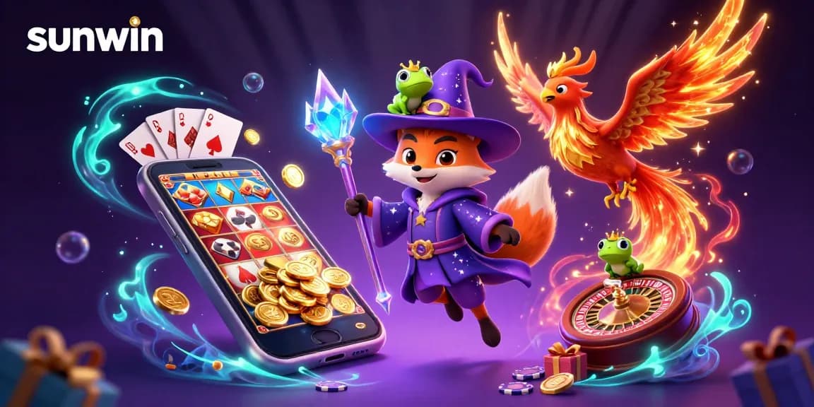 Engage in magical gaming adventures with sunwin through a vibrant 3D illustration of a wizard fox and phoenix amid gambling excitement.