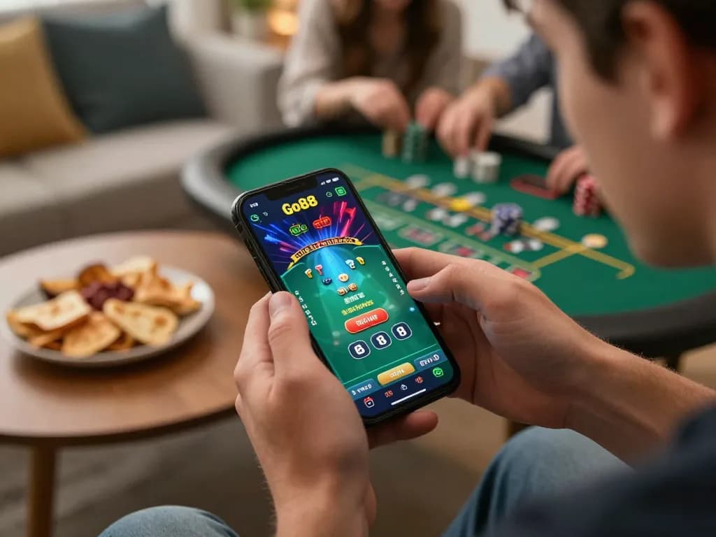 Player enjoying Go88 poker game on smartphone, cozy home setup with snacks and friends around