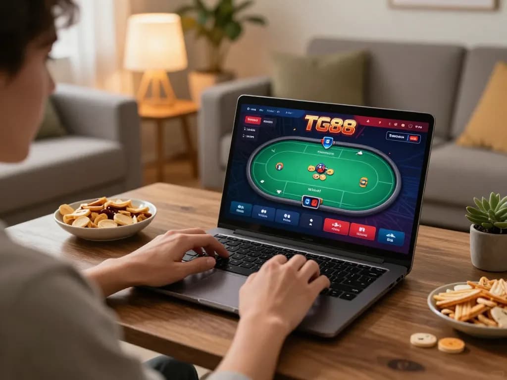 Player enjoys strategic online gambling with TG88 app in a modern home setting