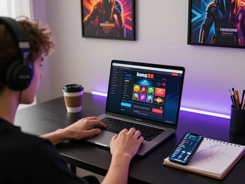 Engaging online gaming session at home with kong88 casino interface on laptop.