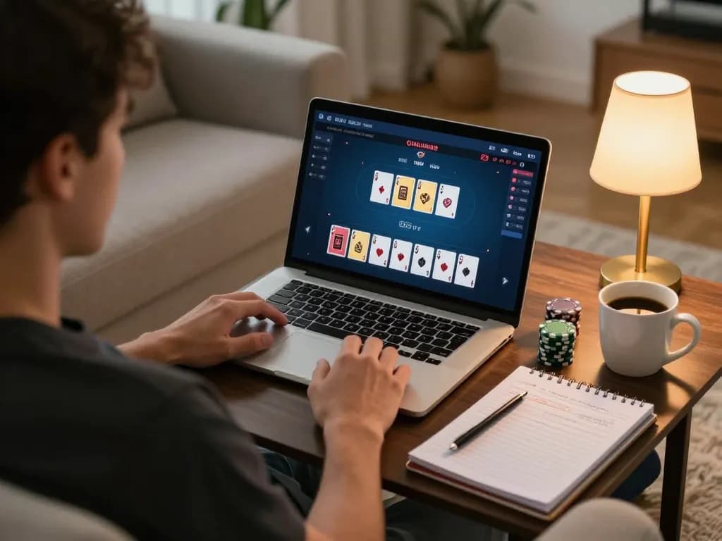 KONG88 player strategizing in online poker game at home with cozy ambiance.