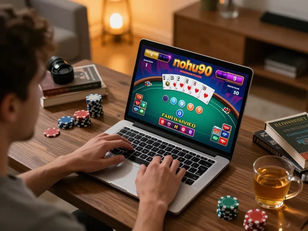 Nohu90 player engaging in strategic online poker gaming from home setup with laptop.