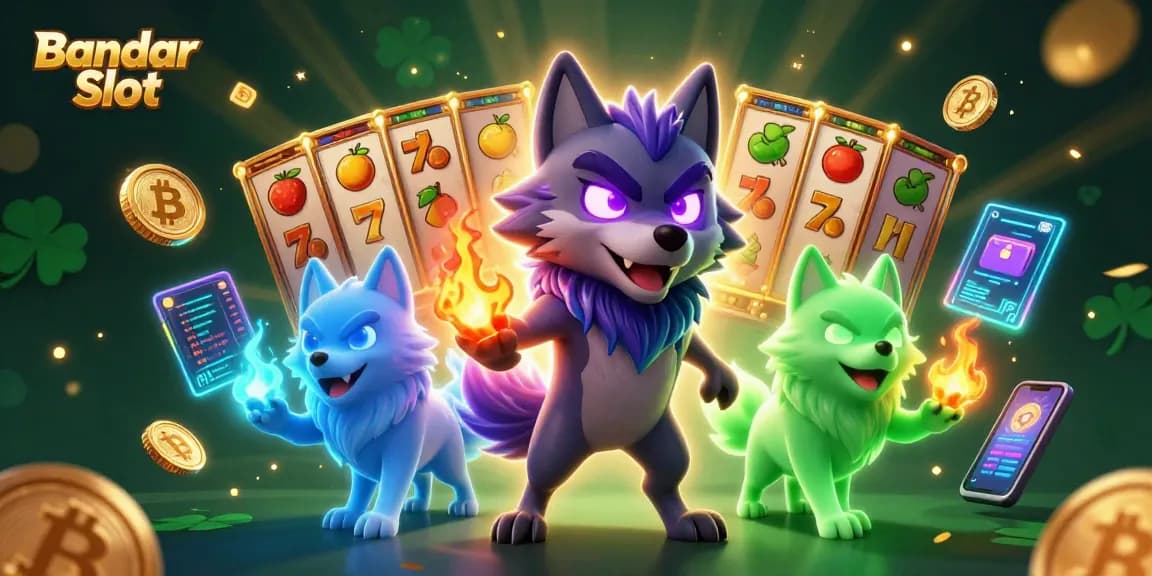 Permainan Bandar Slot dengan karakter serigala dan simbol buah yang menyerang jackpot.