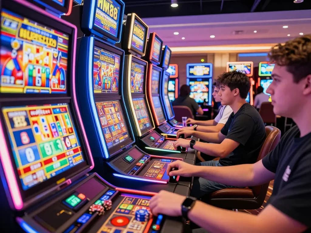 Exciting HM88 slot gaming scene with diverse players engaging in colorful casino atmosphere