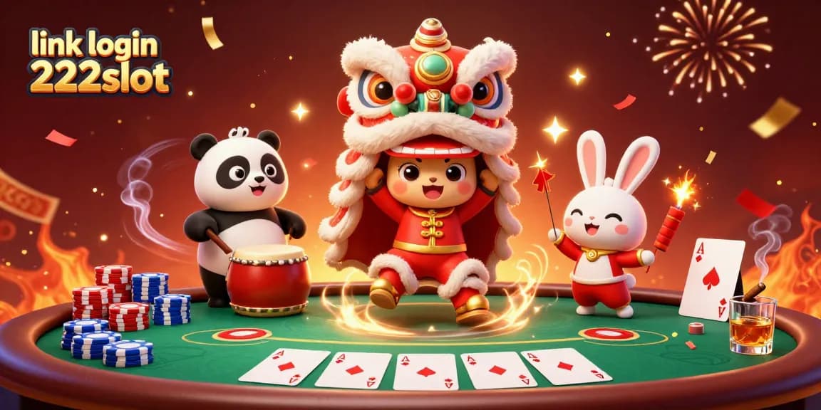 Mengakses link login 222slot dengan permainan kasino yang meriah dengan pertunjukan singa dan elemen hoki lainnya.
