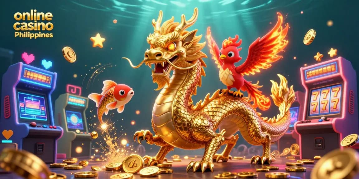 Experience the thrill of playing at the online casino Philippines with a vibrant 3D illustration of a golden dragon and phoenix.