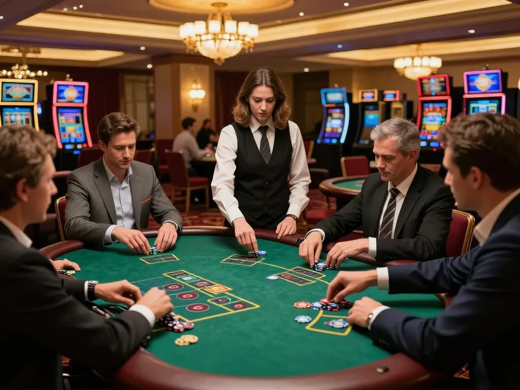 Players placing bets at a blackjack table in an upscale casino scene featuring UGDEWA gaming.