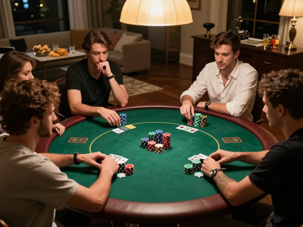 IWIN CLUB players strategizing in a lively poker game with colorful chips and warm lighting.
