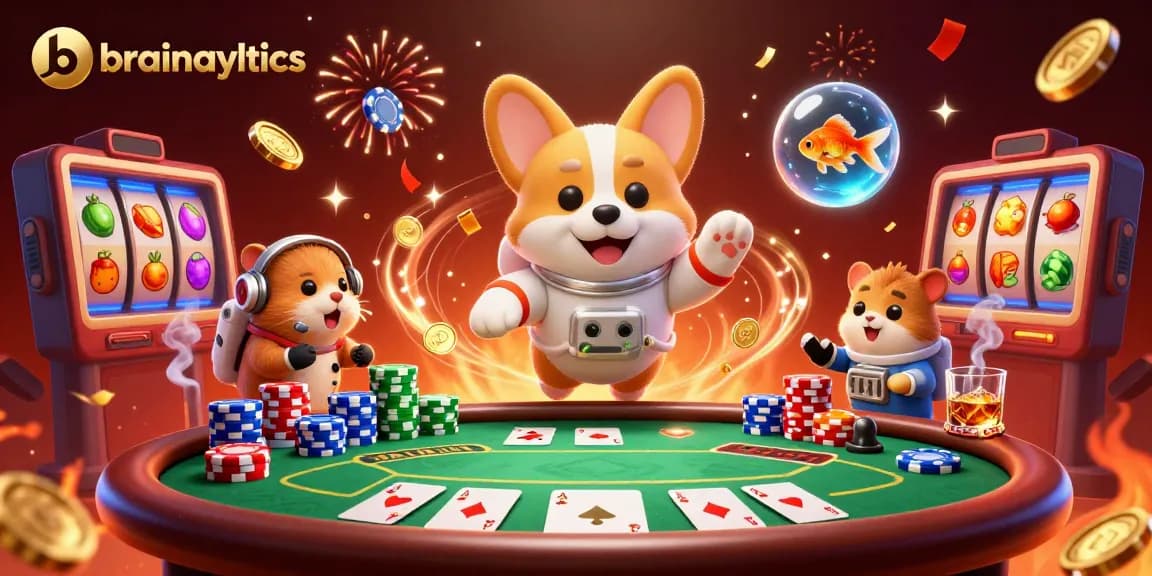 brainalytics showcases a floating astronaut corgi in a vibrant casino with dynamic gambling elements.