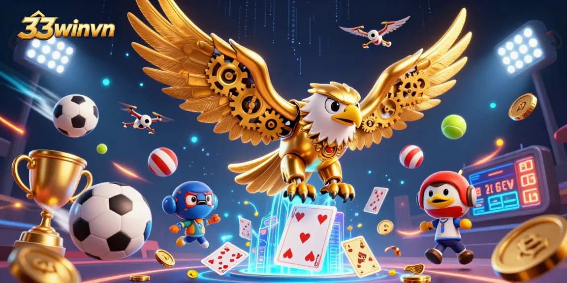 Experience thrilling gaming action with 33winvn as a golden eagle dives through holographic cards.
