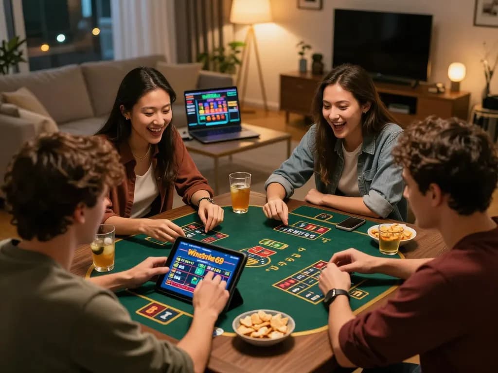 Friends enjoying Winstrike69 on a tablet while strategizing bets, lively home atmosphere.