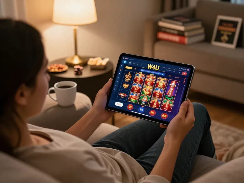 Player engaging with the W4U app for online casino gaming on a cozy couch