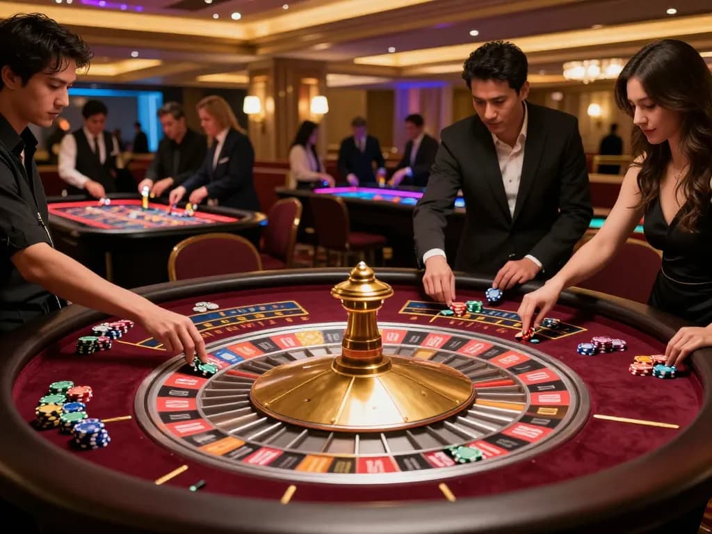 rik88 players excitedly betting at a roulette table amidst vibrant casino lights.