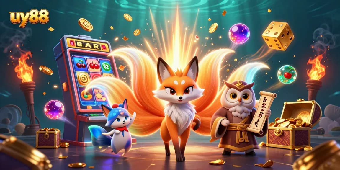 Experience thrilling gameplay with uy88, featuring a vibrant nine-tailed fox spirit amidst dynamic casino elements.