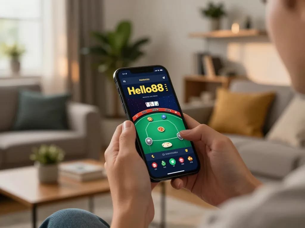 Hello88 user enjoying online poker on mobile app in a cozy living room setting