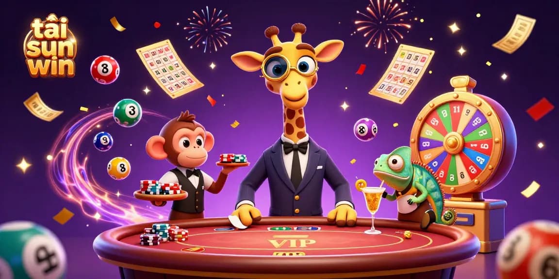 Experience the thrill of tải sun win while vibrant lottery balls and confetti surround a high-roller giraffe.