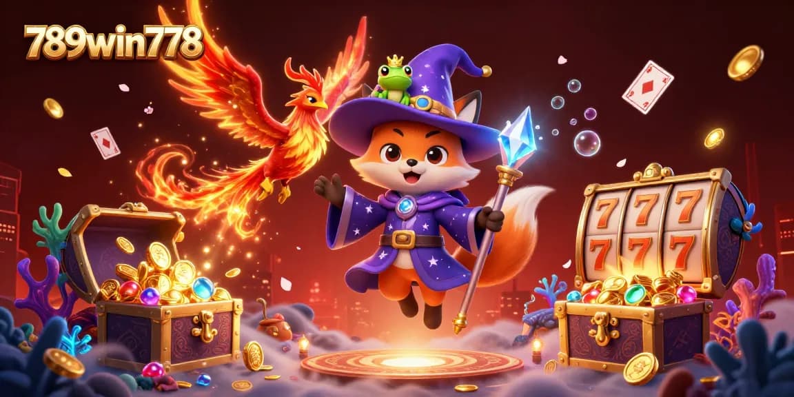 Engage in thrilling wins at 789win778 with a magical scene featuring a wizard fox, phoenix, and casino elements.