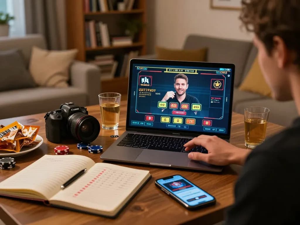 Player engaging with cm88 live dealer game on a laptop, surrounded by strategic betting notes