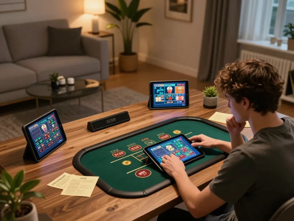 Experience live casino gaming with SC88 in a cozy home setup, featuring tablet gameplay and strategic notes.