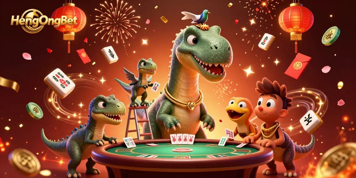 Experience the excitement of HengOngBet with a playful 3D dinosaur card dealer in a vibrant casino setting.