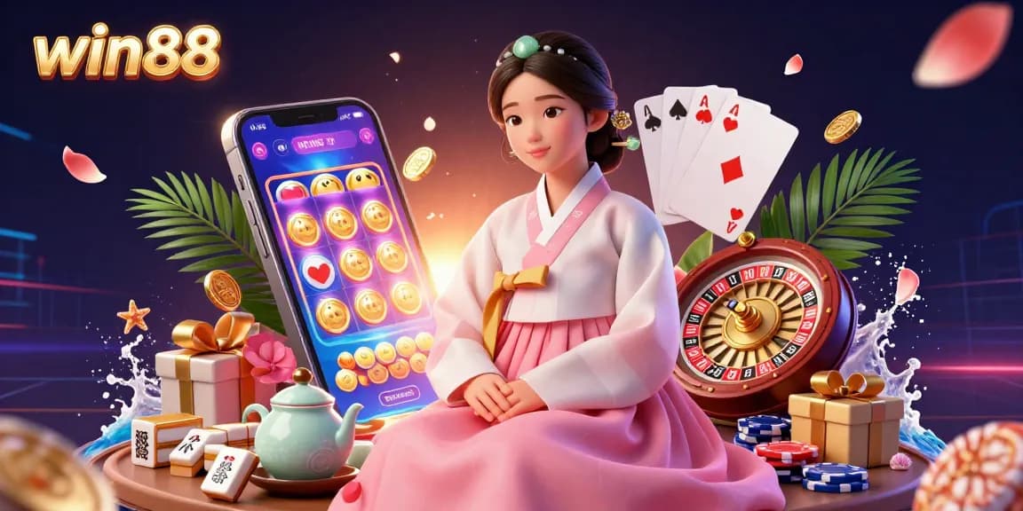Win88 illustrates a serene Asian woman at a traditional gambling table surrounded by vibrant casino elements.
