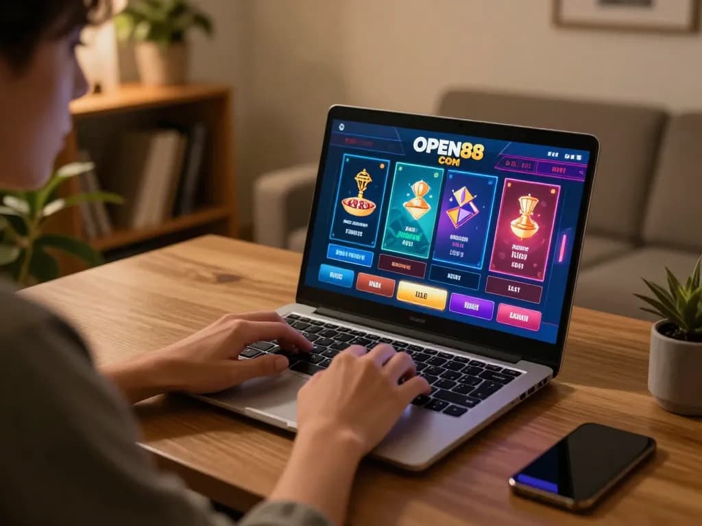 Engaged player using OPEN88 COM on laptop, exploring online casino options.