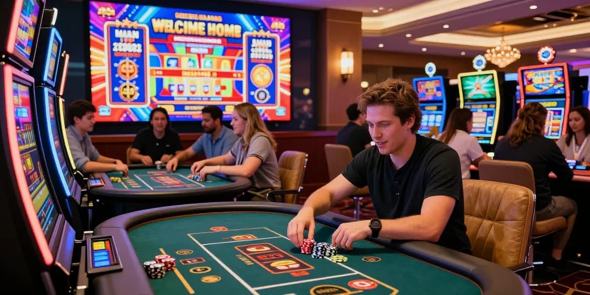 Exciting scene at a credit card casino displaying players enjoying games and welcoming bonuses from https://being-there.org.uk with vibrant decor and modern gaming machines.