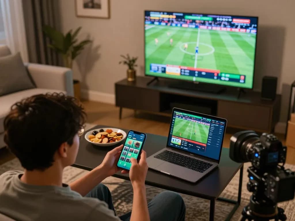 uu88 user actively placing bets on a smartphone while watching a live sports event in a cozy setting