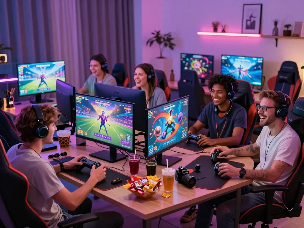Friends enjoying porngames in a vibrant gaming room with large screens and snacks.
