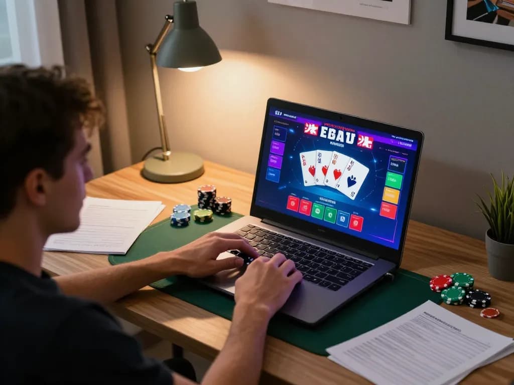 IDNSCORE player immersed in online poker action, showcasing vibrant gaming interface and engaging home office atmosphere