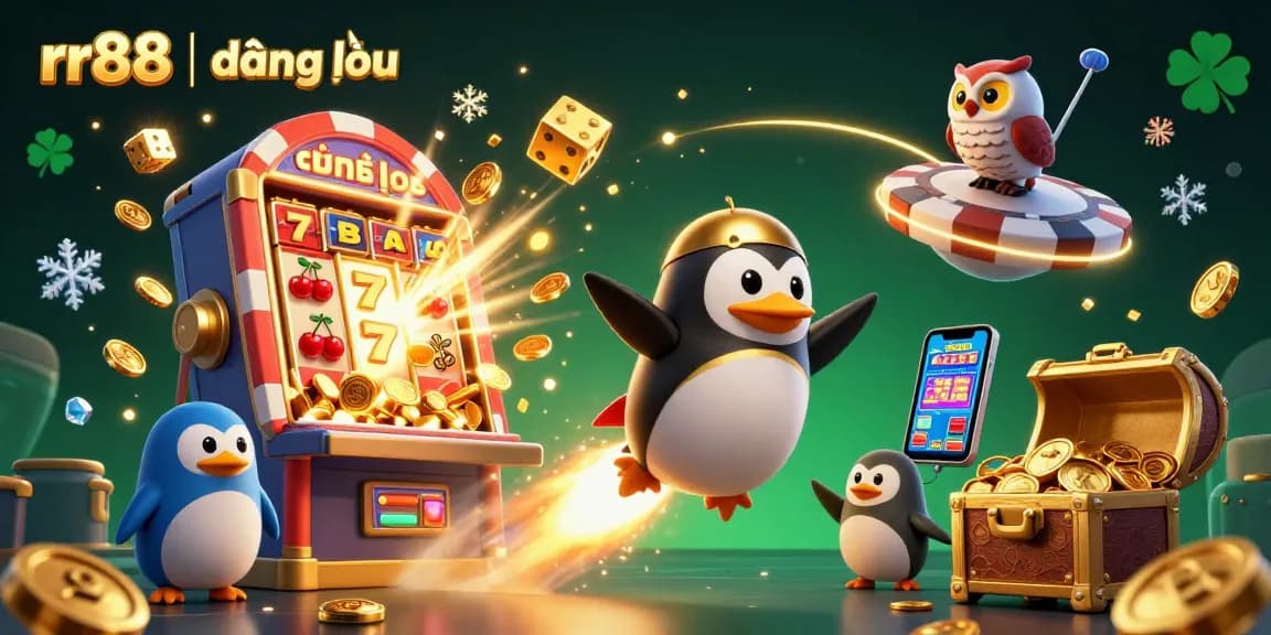 Experience thrilling gameplay with rr88 | đăng nhập at the dynamic casino scene featuring golden characters and slot machines.