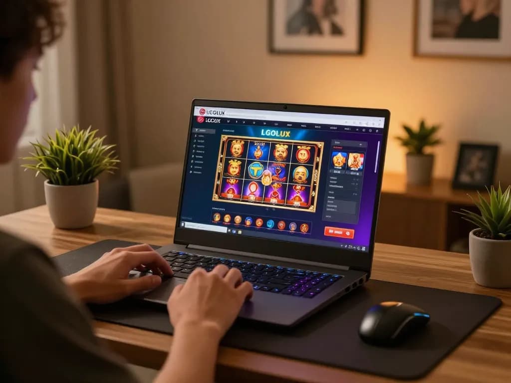 Engaging with LGOLUX online gaming platform at a stylish home desk, showcasing premium gameplay.