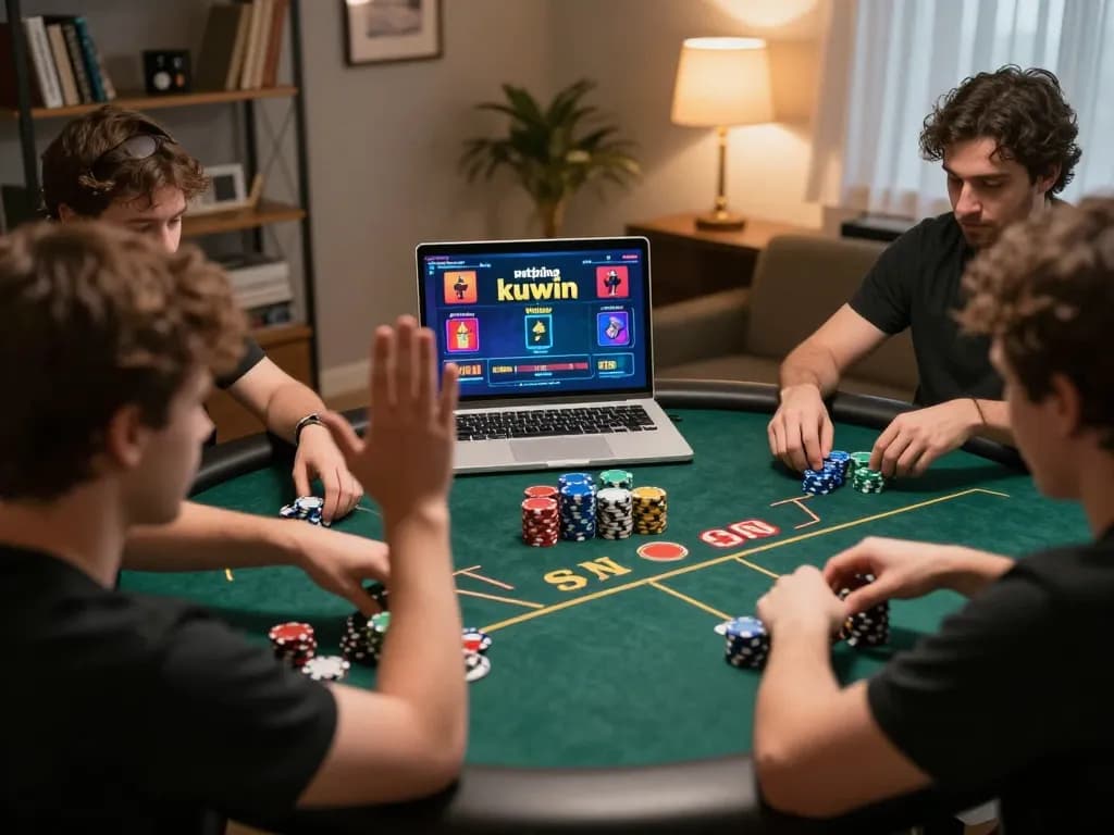 Players engaging in strategic poker game on kuwin platform in a cozy home setting