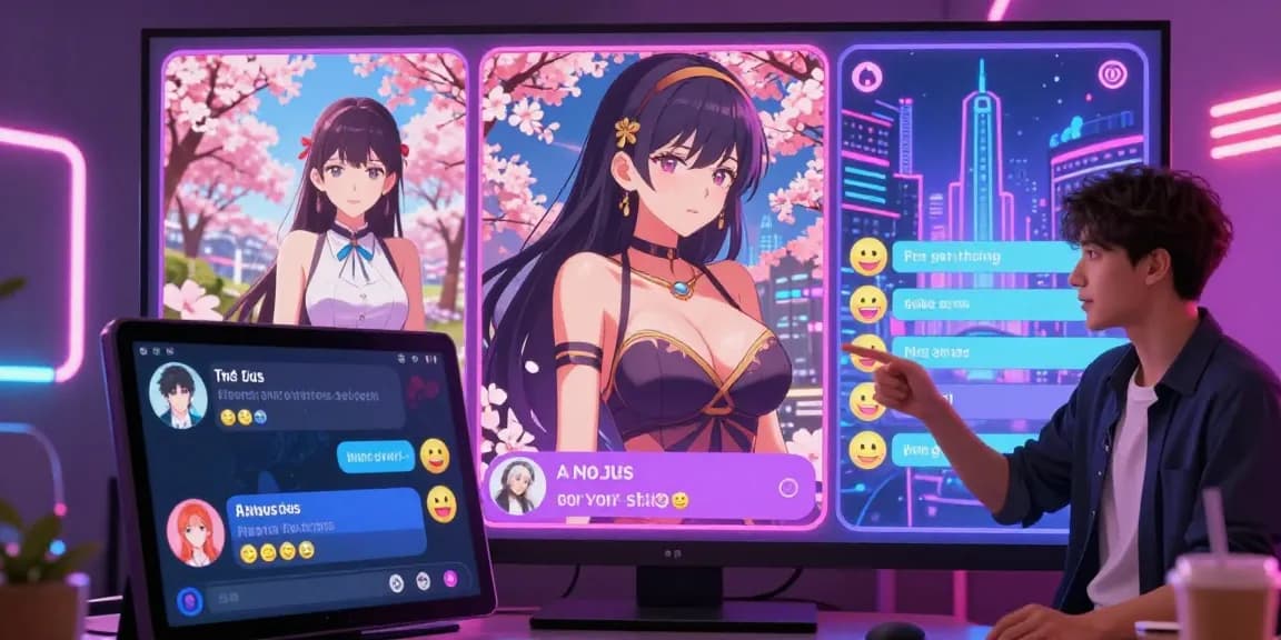 Engaging hentai AI chat scene with animated characters and interactive dialogue options in a vibrant virtual setting.