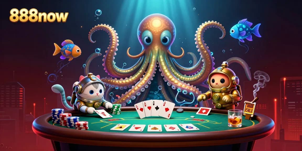Experience high-stakes play at 888now with a dynamic scene featuring a colossal kraken and poker action.