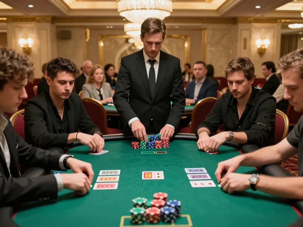 Players strategizing at a poker table in a high-end casino, representing lu88. gaming experience.