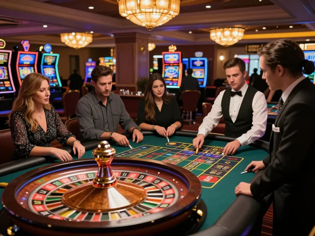 Pemain yang terlibat memasang taruhan di meja roulette WOLES88 dengan croupier yang mengelola permainan, suasana kasino