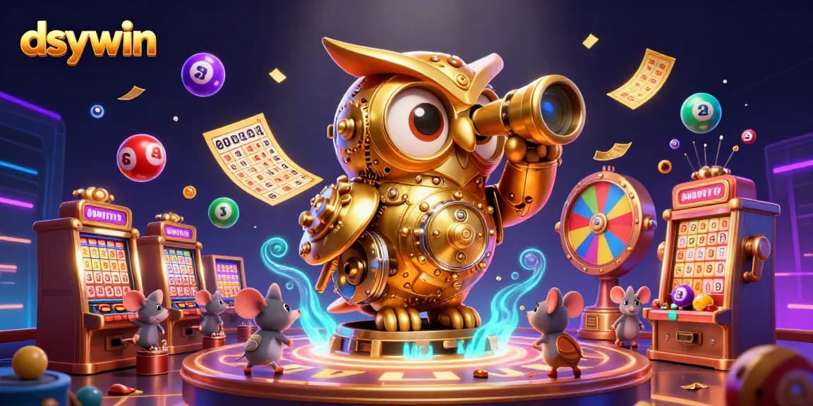 Engage with dsywin's vibrant casino scene, featuring a clockwork owl and lively gaming elements.