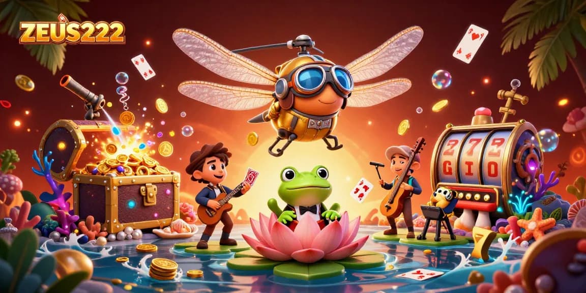 Join the action at ZEUS222 with a dynamic casino-themed illustration featuring a dragonfly pilot.