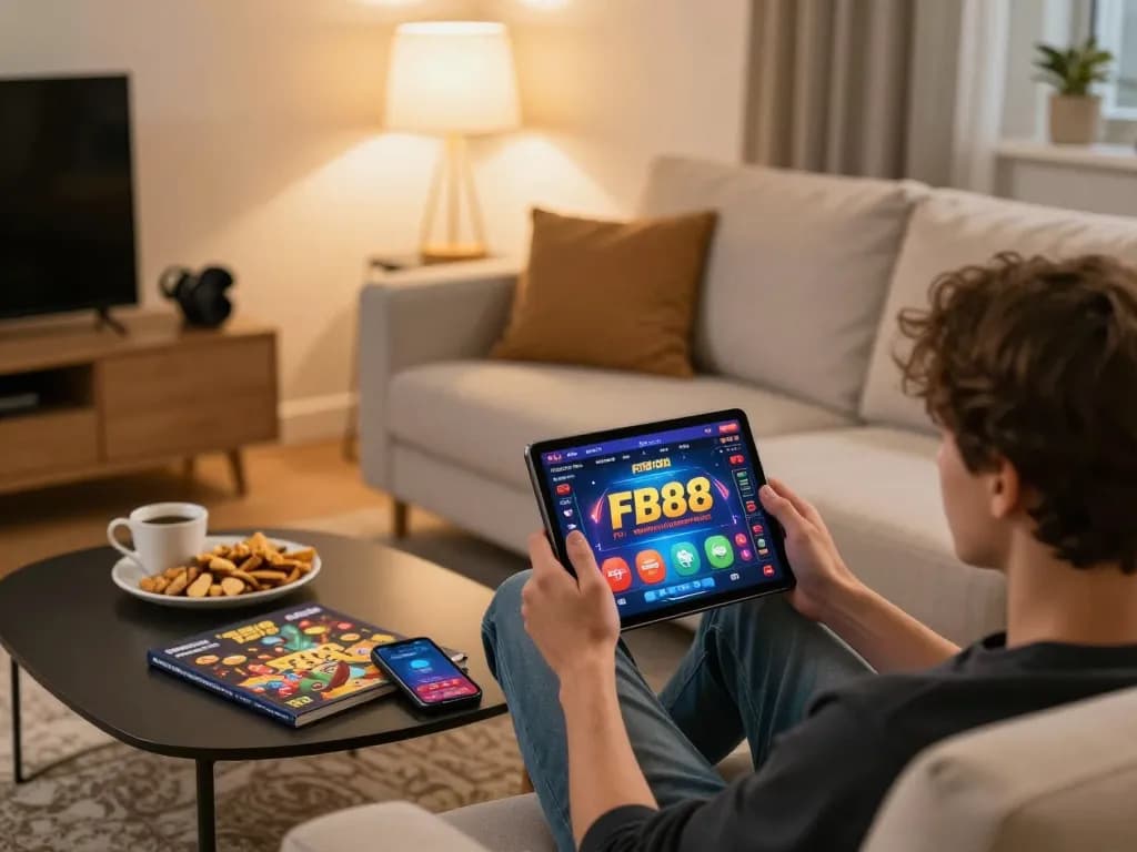 Playing FB88 on a tablet in a cozy home atmosphere with strategic gaming elements
