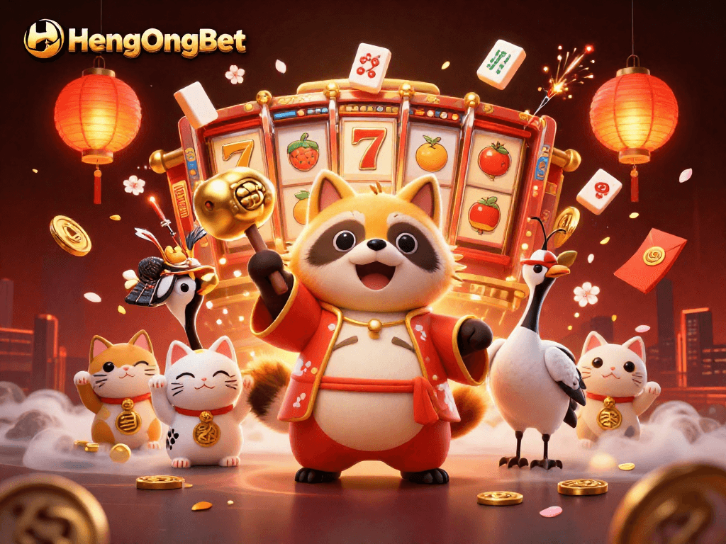 Engage with HengOngBet's vibrant casino scene featuring 3D characters and lucky symbols.