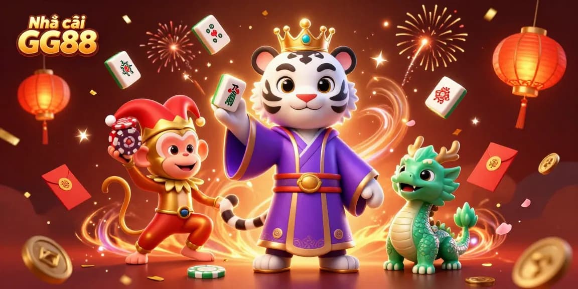 Experience thrilling opportunities at Nhà cái GG88 with vibrant casino-themed characters and festive gaming elements.