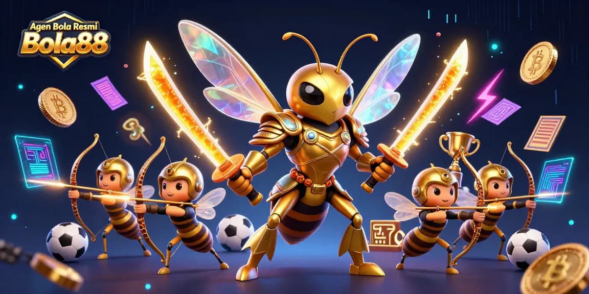 Agen Bola Resmi Bola88 showcases dynamic sports betting action with golden hornets and soccer elements.