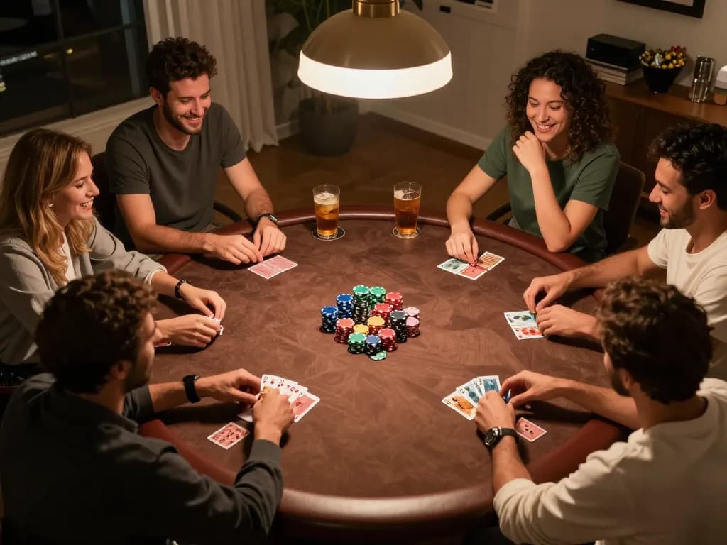 F8BET players enjoying a lively home poker night with chips and cards visible, highlighting friendly competition.
