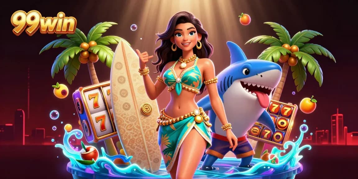 Witness the dazzling 99win casino experience with vibrant scenes of slot reels and surfing joy.