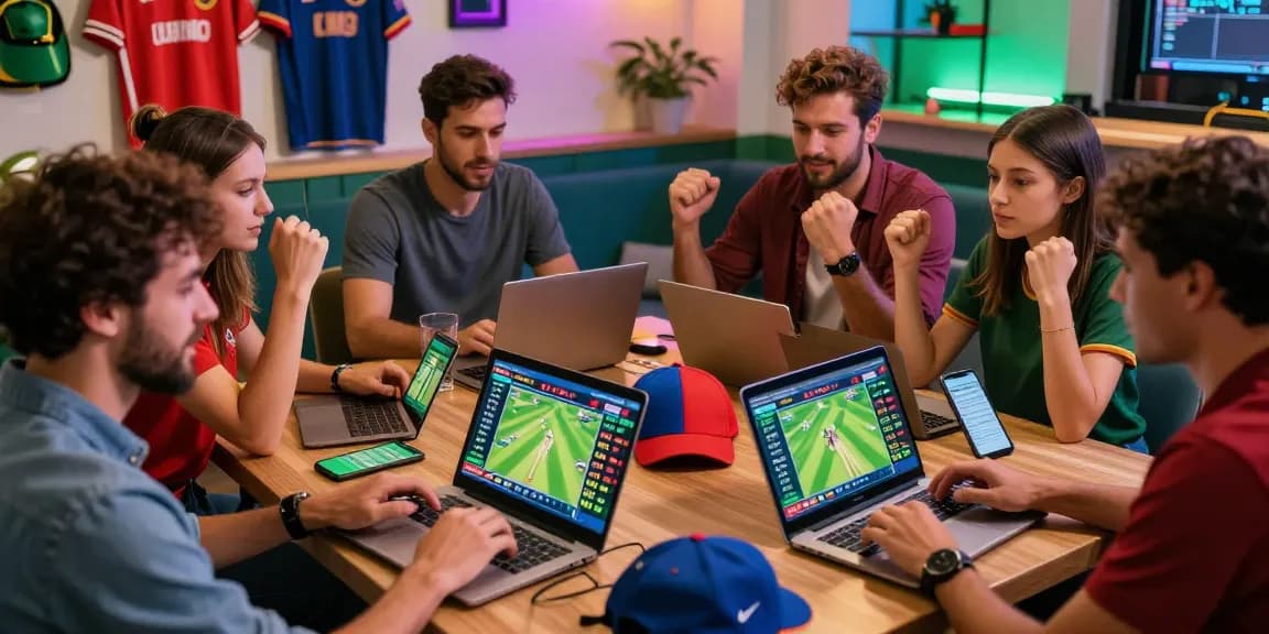 Excited users engaging with Fairplay24 online betting on devices, showcasing a vibrant sports atmosphere.