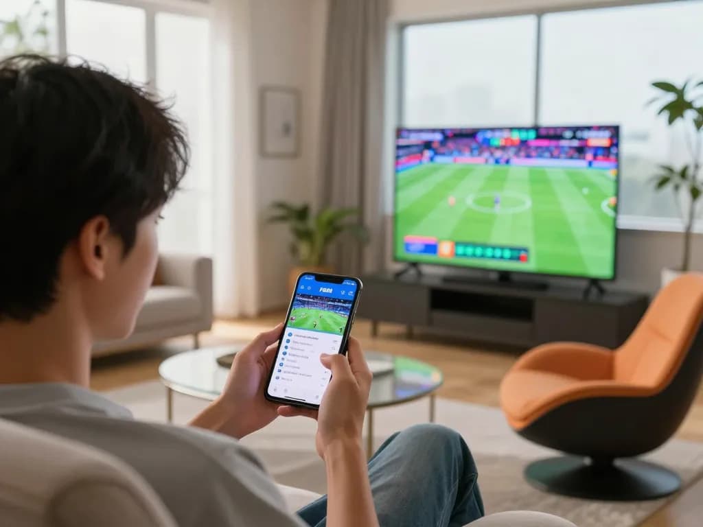 Person engaging with the FB88 app while watching live sports, conveying excitement and action.