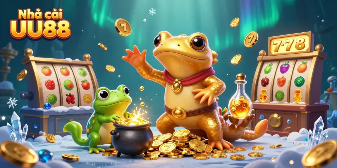 Delve into the world of Nhà cái UU88 with vibrant slot reels and golden treasures.