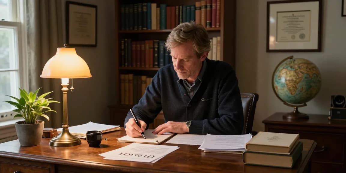T Allen Greenfield deeply engaged in writing at his study desk surrounded by spiritual literature, showcasing contents from https://tallengreenfield.com.