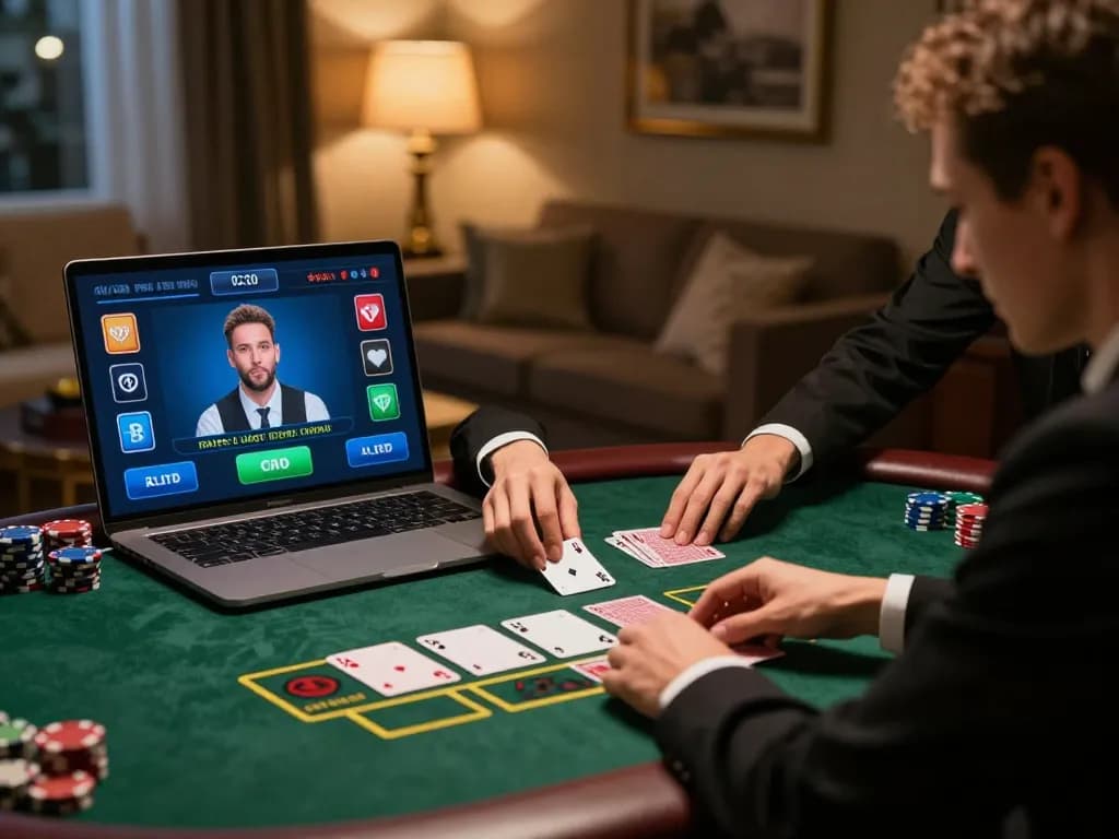 Engaged player strategizing on 99ok live dealer game interface at home, highlighting responsible gaming